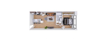 A 3D floor plan of a modern apartment layout.