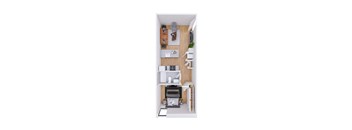 A top-down view of a small apartment with a kitchen, living room, and bathroom.