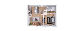 A top-down view of a modern apartment layout.