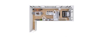 A top-down view of a modern kitchen and living room.