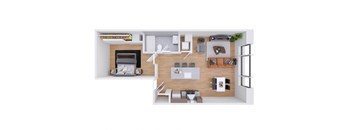 A 3D rendered image of a modern apartment layout.