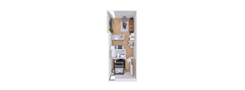 A top-down view of a small, neatly organized living space with a kitchen area.