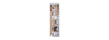 A floor plan of a small apartment with a kitchen, living room, and bedroom.
