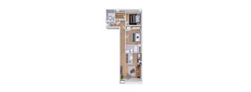 A top down view of a house layout with a kitchen, living room, and bedrooms.