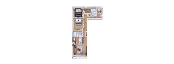 A top down view of a small apartment with a kitchen, living room, and bedroom.