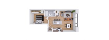 A 3D rendered image of a modern apartment layout.
