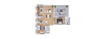A floor plan of a house with a kitchen, living room, and two bedrooms.