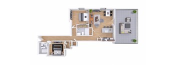 A floor plan of a house with a kitchen, living room, and two bedrooms.