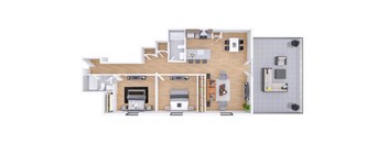 A top-down view of a house layout with a living room, kitchen, and two bedrooms.