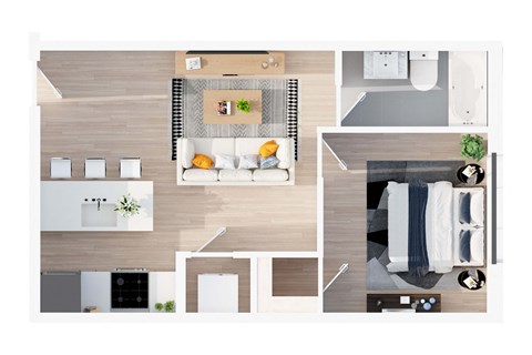 A top-down view of a modern apartment layout with a kitchen, living room, and bedroom.