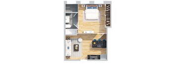 A top down view of a small apartment with a bed, desk, and chair.