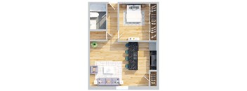 A top-down view of a living room with a couch, coffee table, and kitchen area.