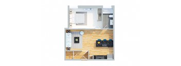 A top-down view of a kitchen with a dining table and chairs.