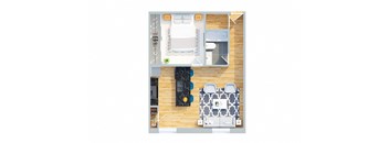 A top-down view of a room with a bed, desk, and chairs.