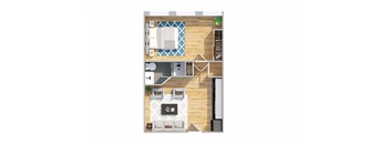 A top down view of a small apartment with a kitchen, living room and bedroom.