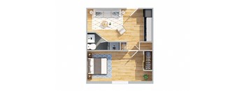 A top down view of a living room, kitchen, and dining area.