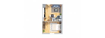 A top-down view of a room with a bed, desk, and chair.