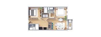 A floor plan of a house with a kitchen, living room, and dining area.