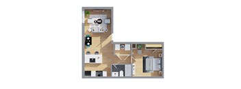 A floor plan of a small apartment with a kitchen, living room, and bathroom.