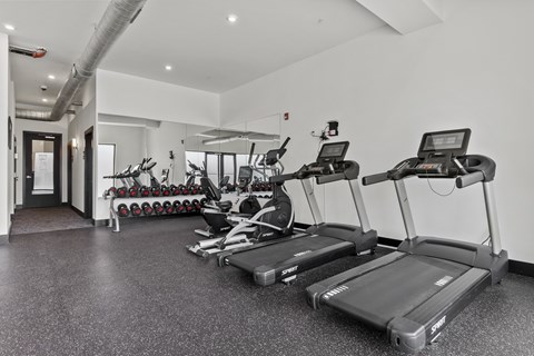 A gym with treadmills and exercise equipment.