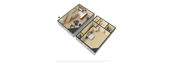 A 3D floor plan of a house with a kitchen, living room, and two bedrooms.