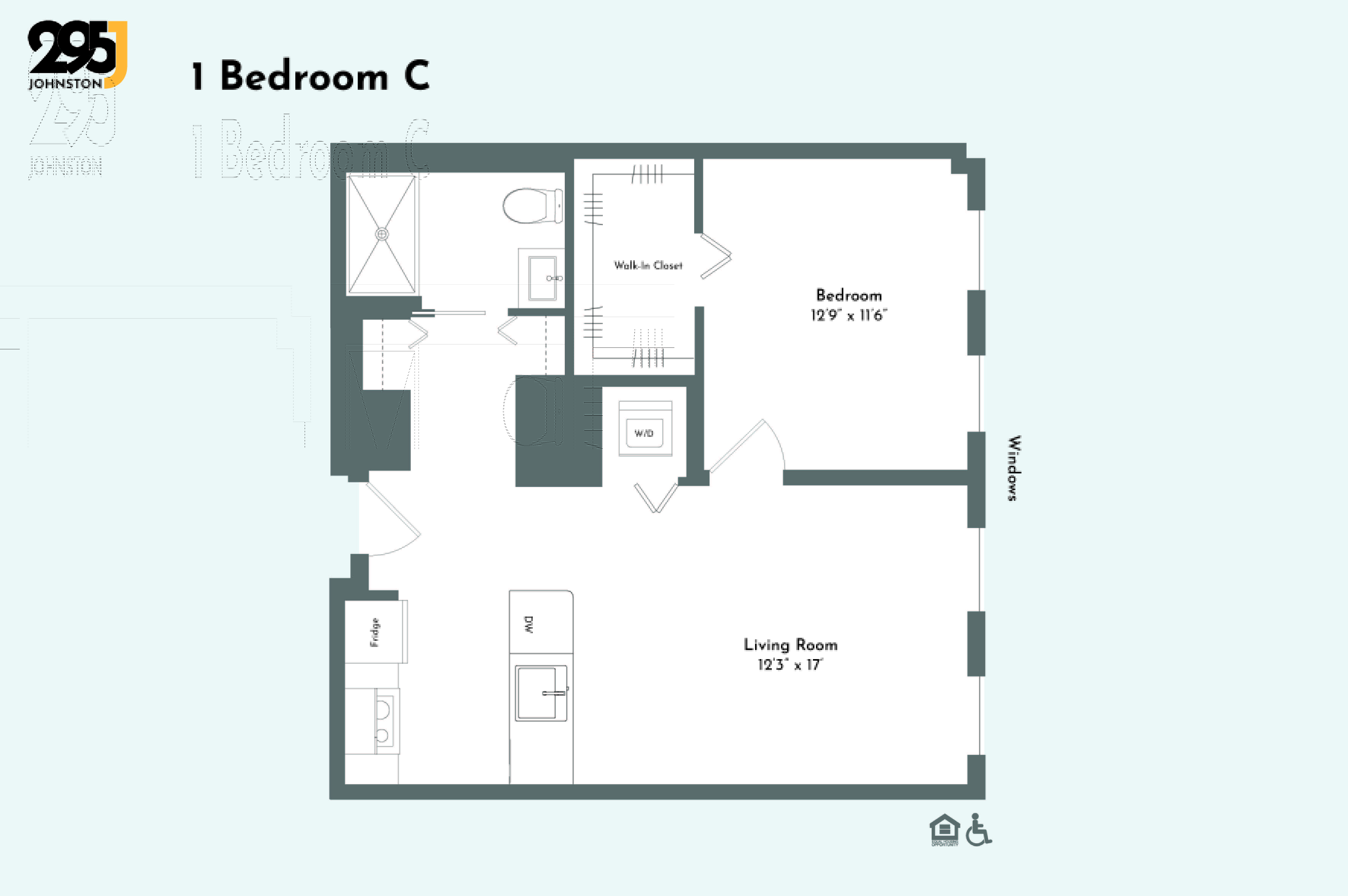 A floor plan of a 1 Bedroom C apartment with a living room, bedroom, and bathroom.