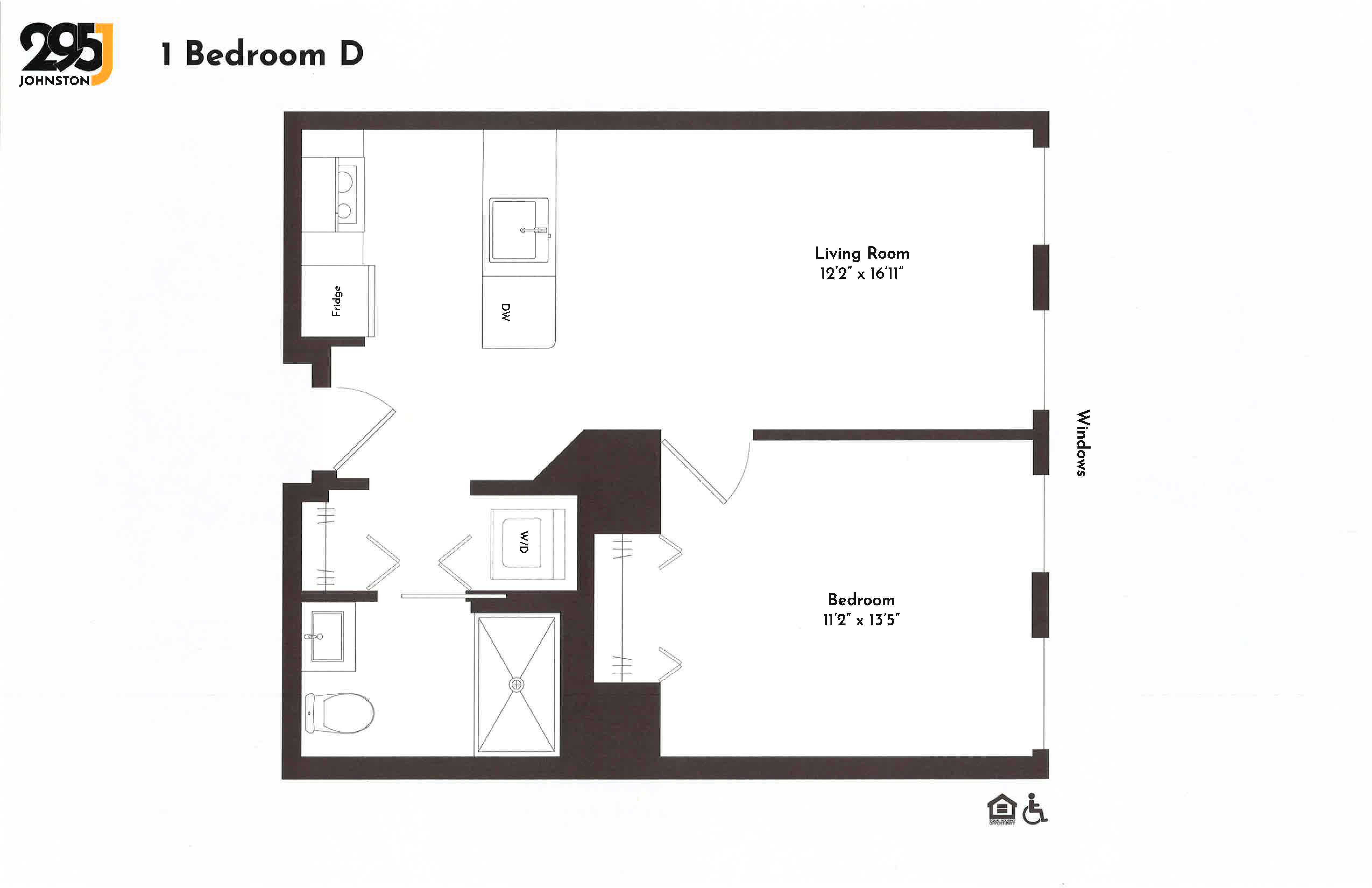 A floor plan of a one bedroom apartment with a living room and two bedrooms.