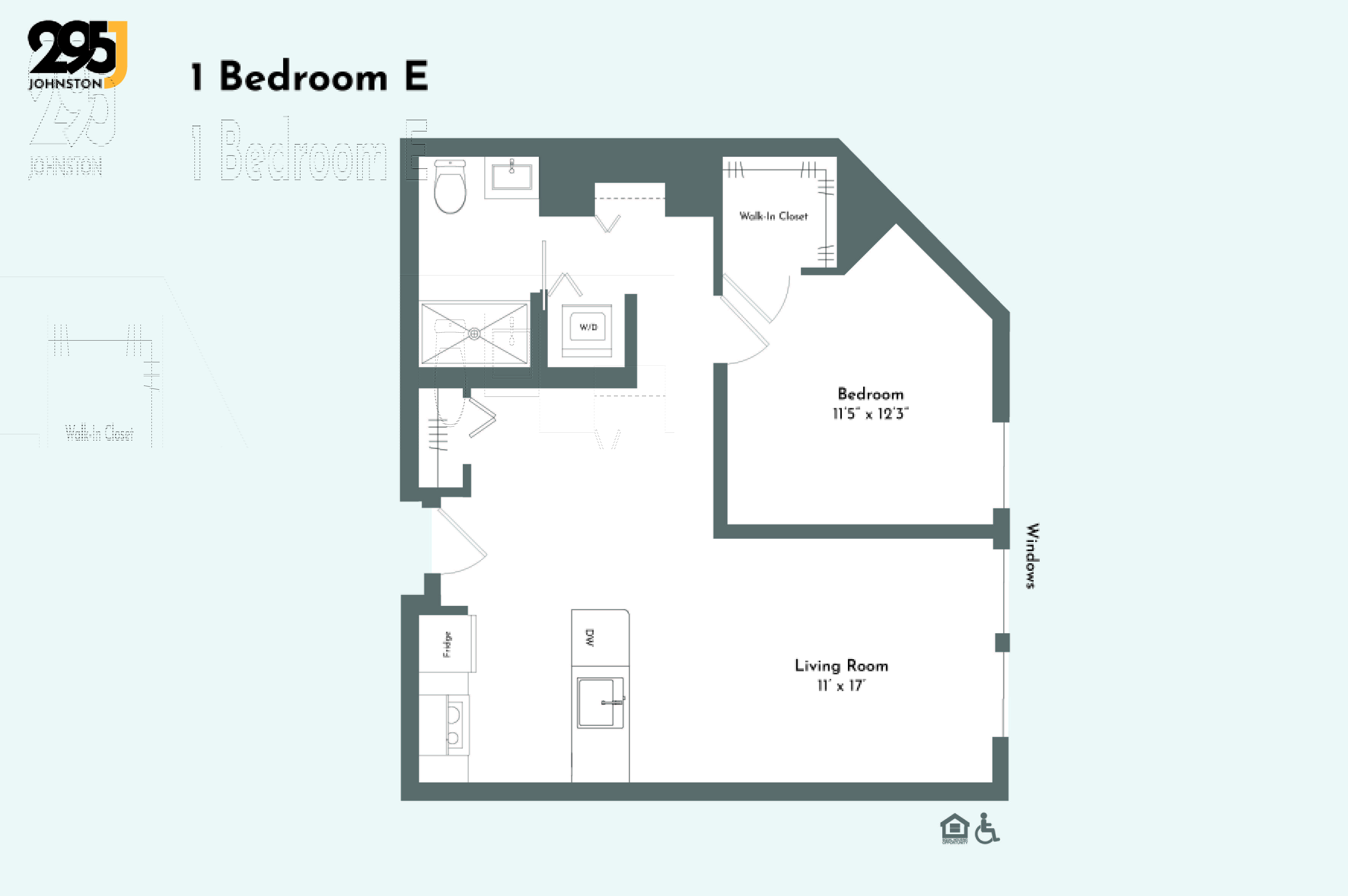 A floor plan of a bedroom with a living room and bathroom.