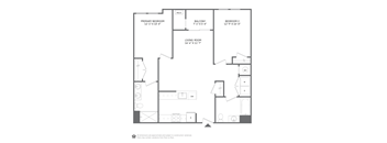 A floor plan of a home with a living room, two bedrooms, a balcony, and a mech.