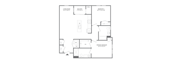 A black and white image of a floor plan for a home with a living room, balcony, and two bedrooms.