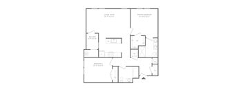 A black and white image of a floor plan for a home with a living room, primary bedroom, balcony, and two bathrooms.