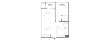 A floor plan of a small apartment with a living room, bedroom, and balcony.