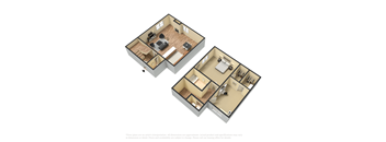 A 3D floor plan of a two-bedroom apartment.