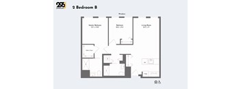 A floor plan of a 2 Bedroom B apartment with a master bedroom, a bedroom, a living room, a kitchen, and a bathroom.