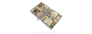a 3d floor plan of a bedroom and a living room