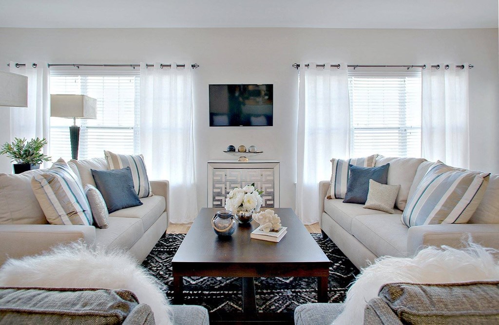 model living room with tv on wall at Hillside Club Apartments, New Jersey, 07039