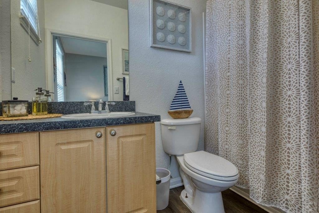 a bathroom with a toilet and a sink and a shower curtain