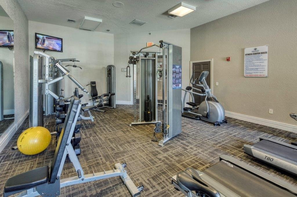 A gym with a variety of equipment including treadmills, weights, and exercise machines. A gym with a variety of equipment including treadmills, weights, and exercise machines at Rivertree Apartments, Riverview
