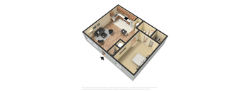 A 3D floor plan of a house with a kitchen, living room, dining room, and bathroom.