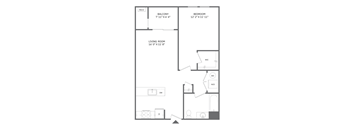 A floor plan of an apartment with a living room, bedroom, and balcony.