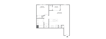 A floor plan of a home with a bedroom, living room, and balcony.