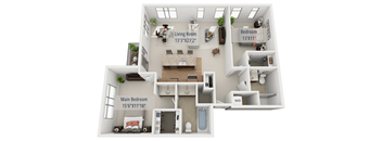 A 3D floor plan of a home with a living room, two bedrooms, and a main bedroom.
