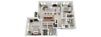 A 3D floor plan of a small apartment with a living room, two bedrooms, and a main bedroom.
