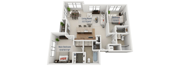A 3D floor plan of a house showing a living room, two bedrooms, a main bedroom, and a WID.