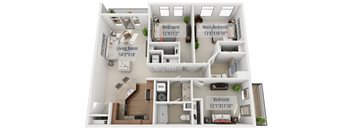 A 3D floor plan of a small apartment with a living room, two bedrooms, and a kitchen.