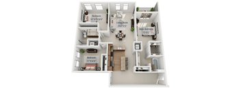 A 3D floor plan of a small apartment with two bedrooms, a living room, and a kitchen.