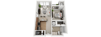 A 3D floor plan of a small apartment with a living room, bedroom, and bathroom.