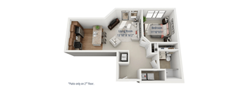 A 3D floor plan of a small apartment with a living room, bedroom, and kitchen.