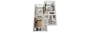 A 3D floor plan of a small apartment with a living room, bedroom, and kitchen.