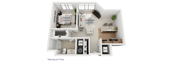 A diagram of a small apartment with a bedroom, living room, and bathroom.